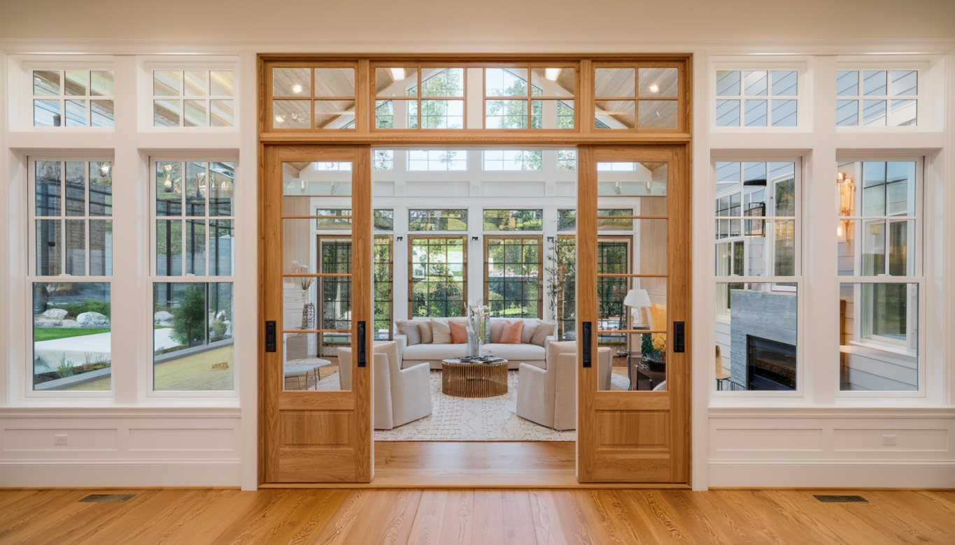The image depicts a cozy living room in a modern home featuring large windows that flood the space with natural light, a slightly ajar wooden door leading to a lush garden.